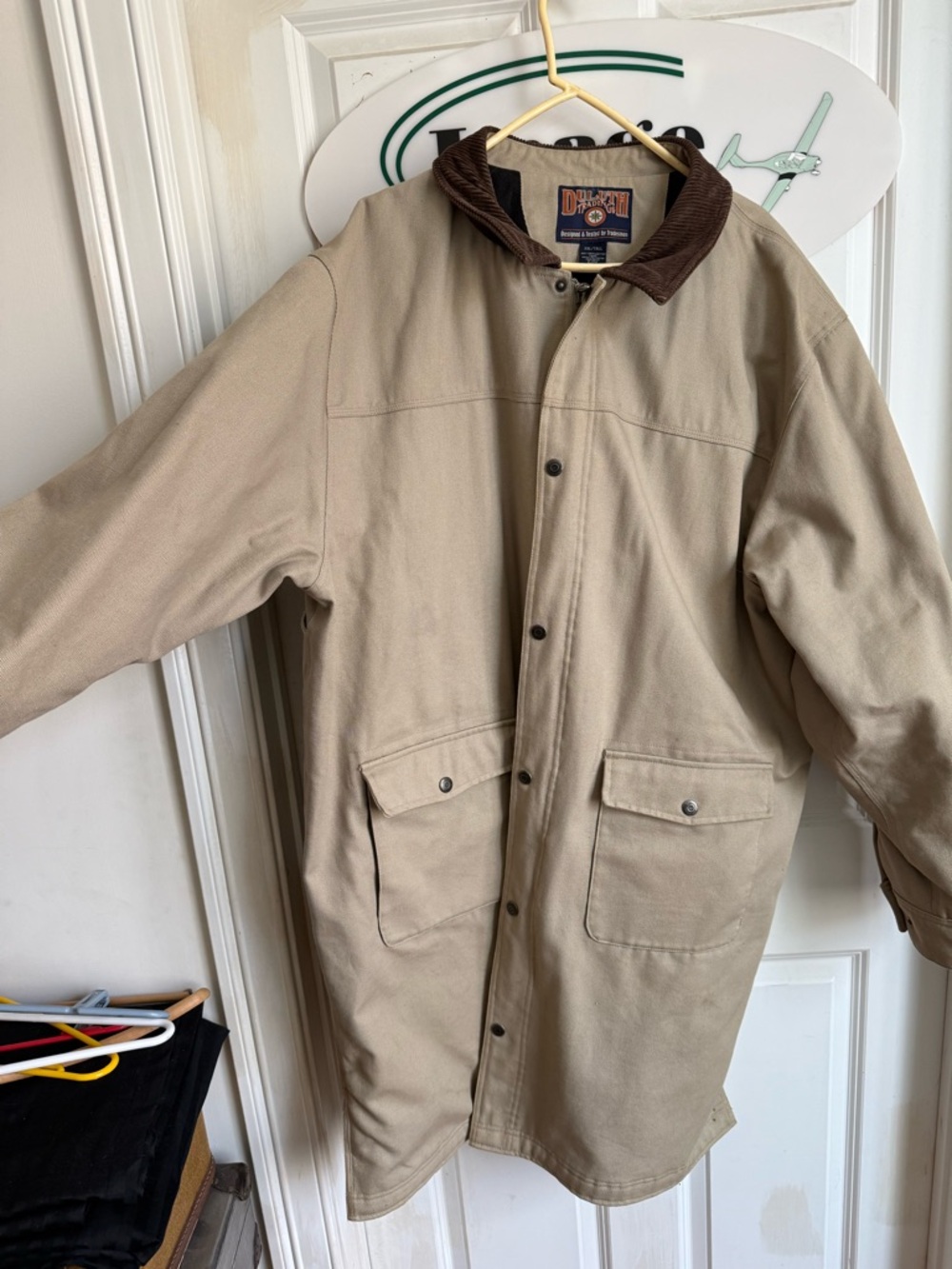 Duluth Trading Co Tan Canvas Trench Coat with Brown Corduroy Collar